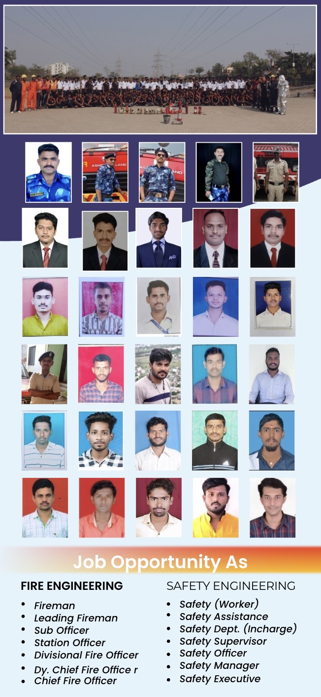 PCFSM placed students and fire engineering & safety engineering job roles — Fireman, Station Officer, Fire Officer, Safety Officer, Safety Manager